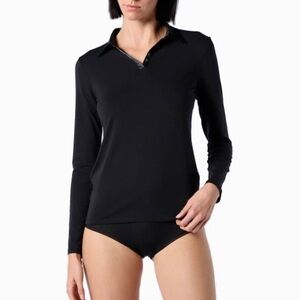 NWOT Oroblu Natural Cotton Modal Satin Polo Shirt Black {US$63} Collared XS
